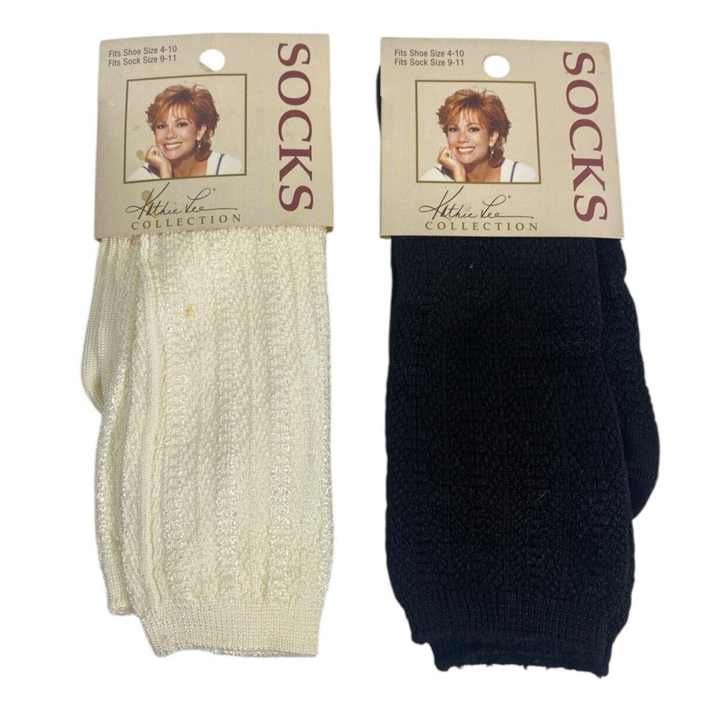 Kathie Lee Socks Set Lot 2 Pairs Ivory White & Black Textured Knit Feminine 90s